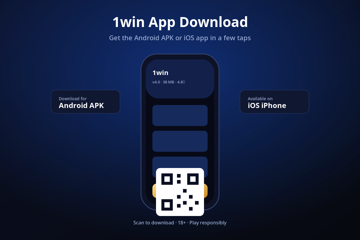 1win app download screen showing the native mobile client, Android apk and iOS options with a scannable QR code