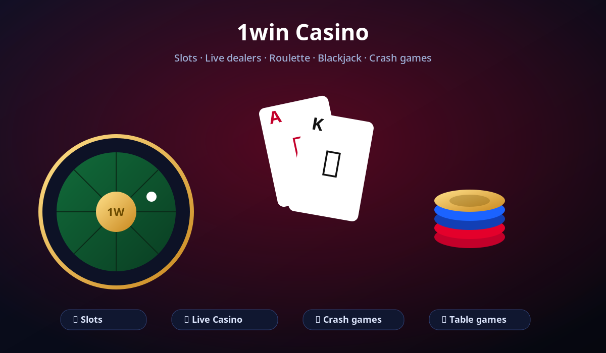 1win casino lobby illustration with roulette wheel, playing cards and stacked chips across slots, live casino, crash and table games
