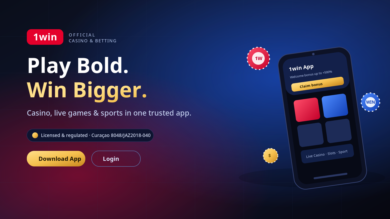 1win official casino and betting hero banner showing the 1win app on a phone with casino chips and the Curaçao licence