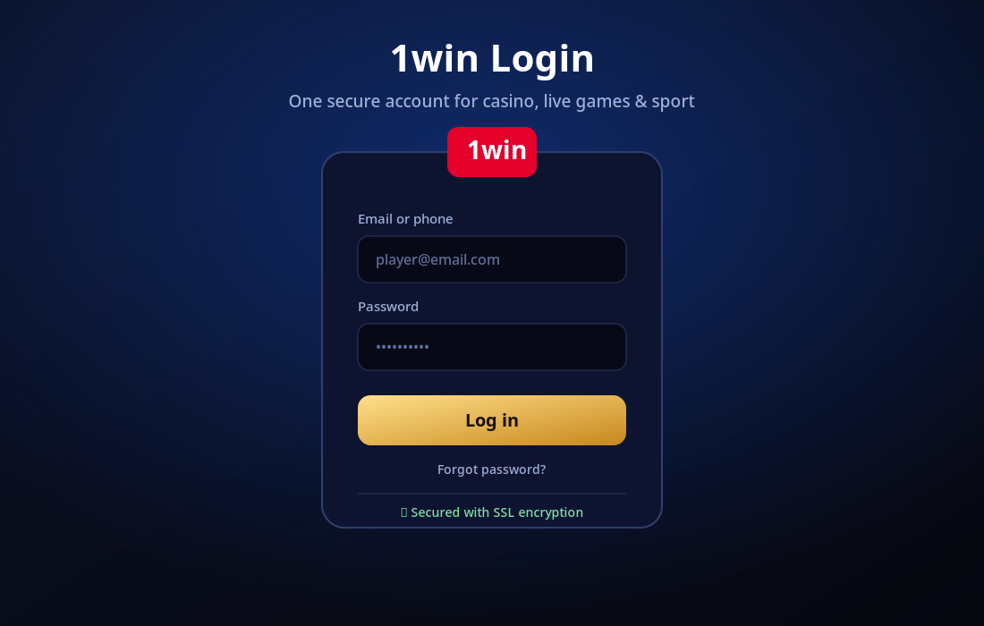 1win login card illustration with email and password fields, a gold log-in button and an SSL security note